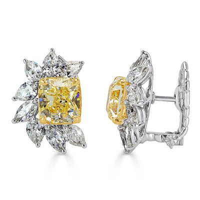 8.82ct Fancy Yellow Radiant and Colorless Marquise Cut Diamond Cluster Stud Earrings