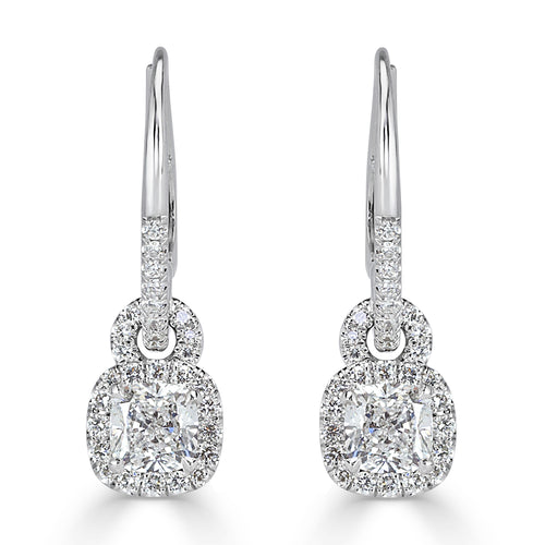 1.66ct Cushion Cut Diamond Dangle Earrings in 18k White Gold