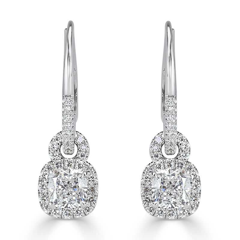 1.66ct Cushion Cut Diamond Dangle Earrings in 18k White Gold