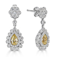 1.94ct Round Brilliant Cut and Fancy Yellow Pear Shaped Dangle Diamond Earrings