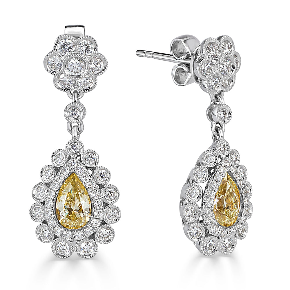 1.94ct Round Brilliant Cut and Fancy Yellow Pear Shaped Dangle Diamond Earrings