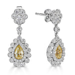 2.02ct Round Brilliant Cut and Fancy Yellow Pear Shaped Dangle Diamond Earrings