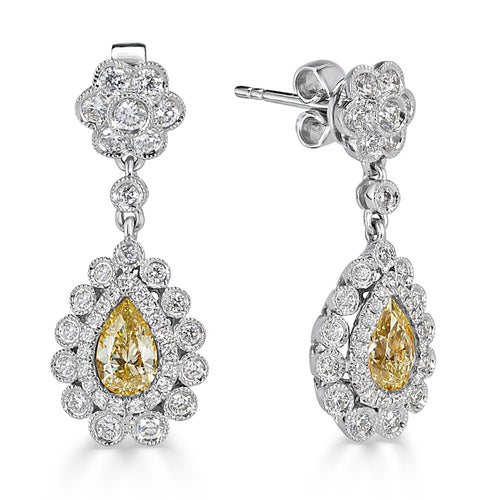 2.02ct Round Brilliant Cut and Fancy Yellow Pear Shaped Diamond Earrings