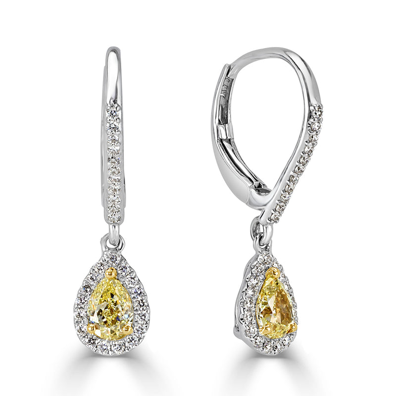 1.33ct Fancy Yellow Pear Shaped Diamond Dangle Earrings