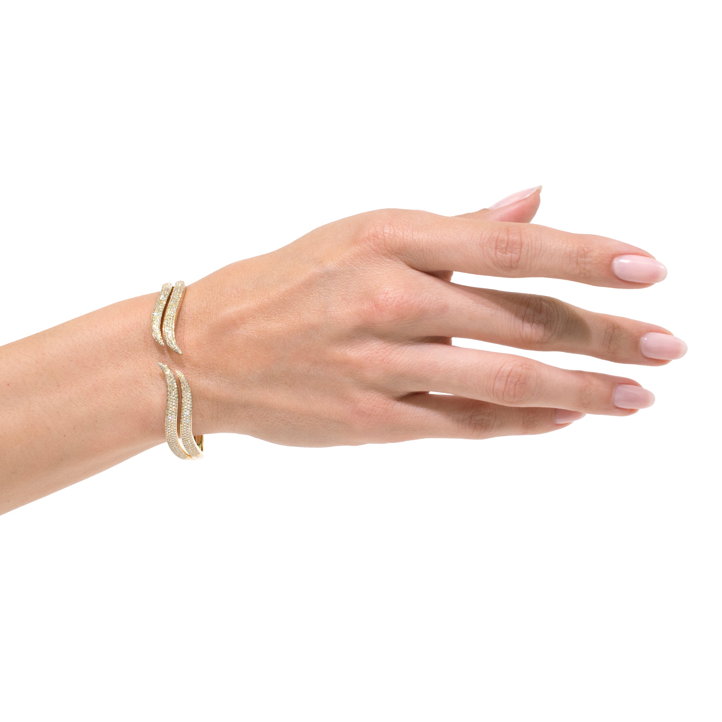 1.59ct Round Brilliant Cut Diamond Double Wave Bangle Bracelet in 14k Yellow Gold