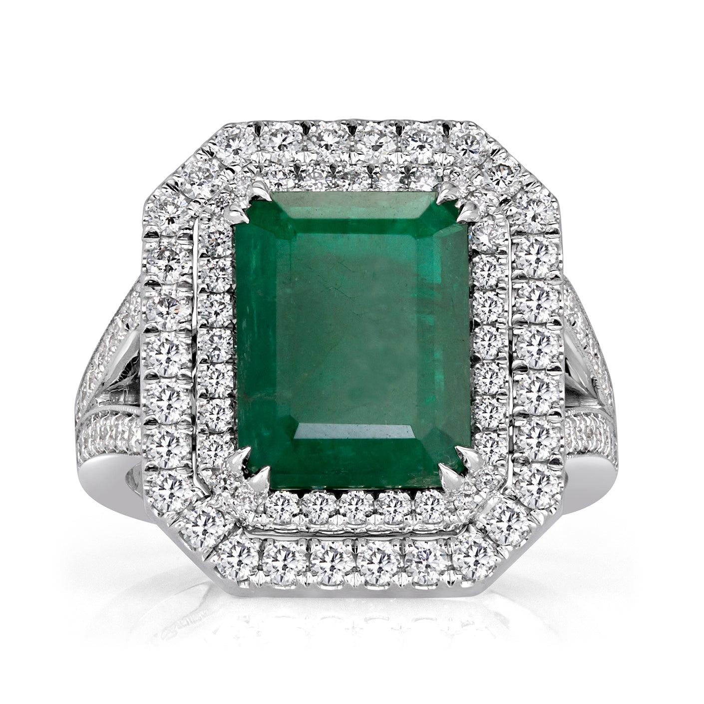 5.67ct Emerald and Diamond Double Halo Ring