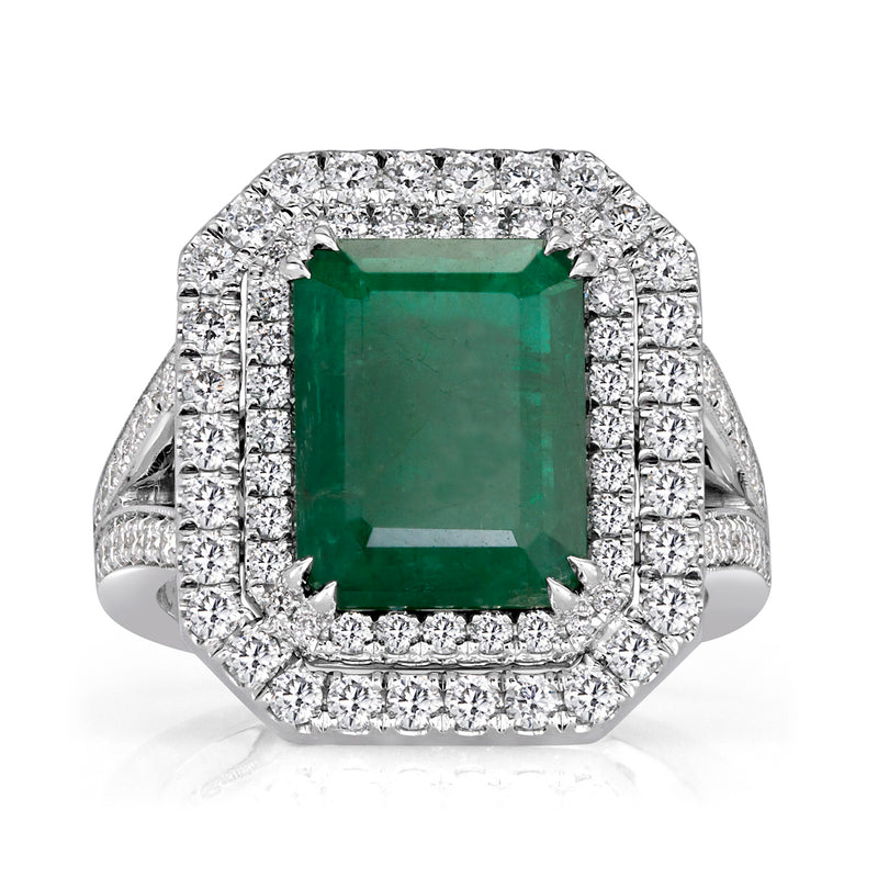 5.67ct Emerald and Diamond Double Halo Ring