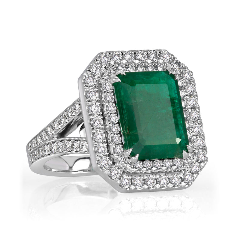 5.67ct Emerald and Diamond Double Halo Ring