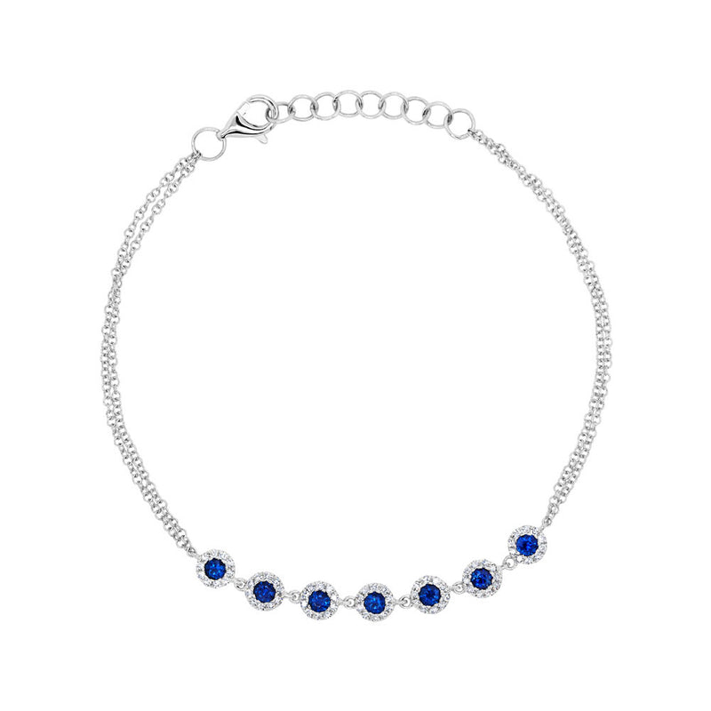 0.74ct Round Cut Diamond and Blue Sapphire Halo Bracelet in 14k White Gold