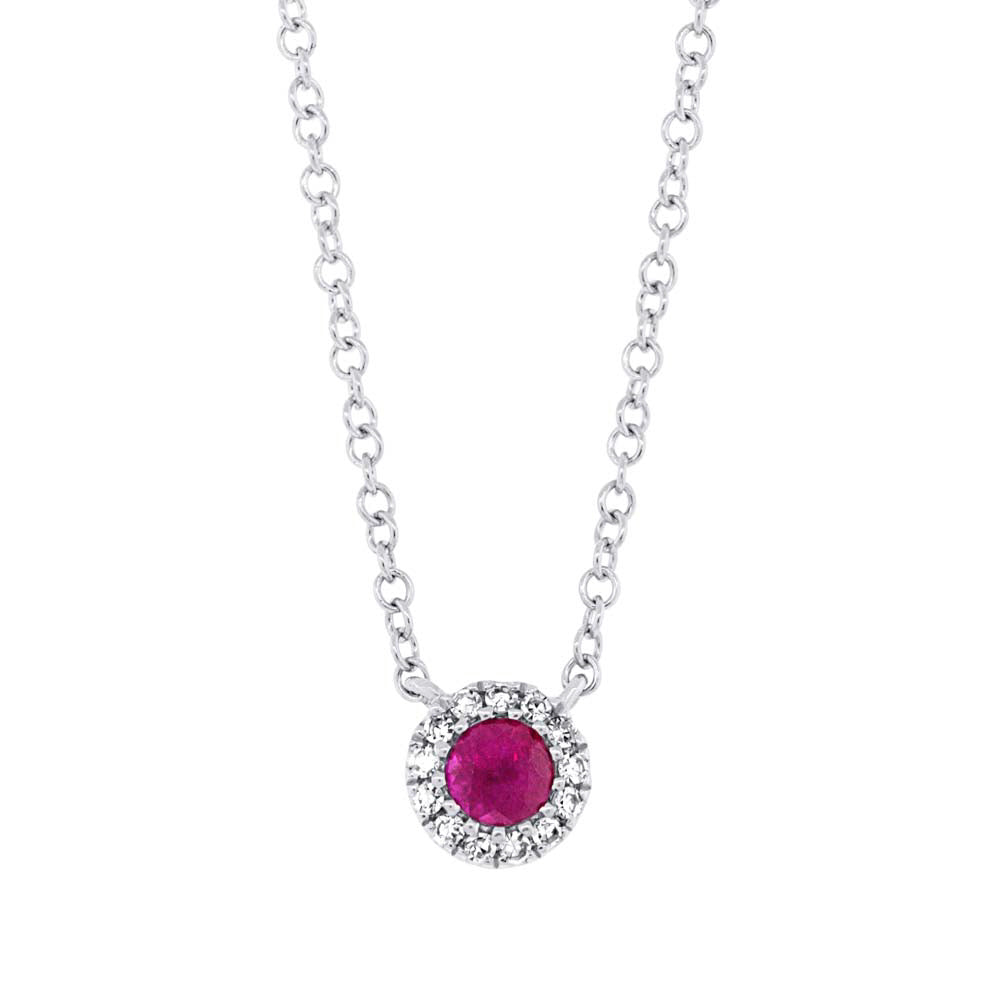 0.18ct Round Cut Diamond and Ruby Pendant in 14k White Gold