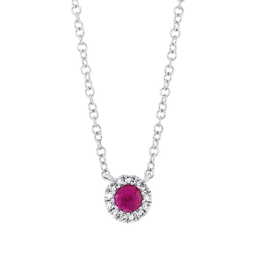 0.18ct Round Cut Diamond and Ruby Pendant in 14k White Gold