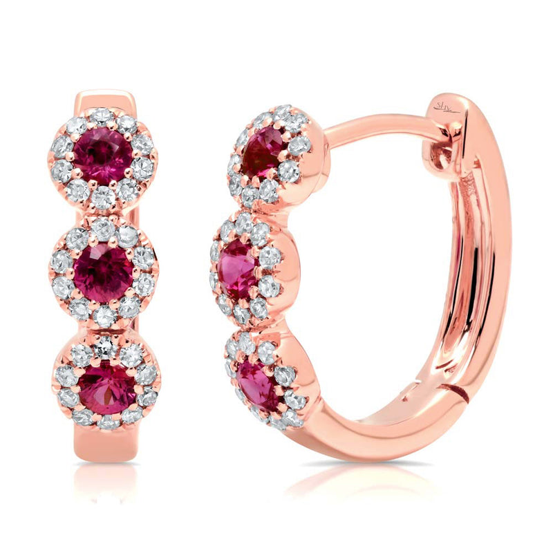 0.44ct Round Cut Diamond and Ruby Huggie Earrings in 14k Rose Gold