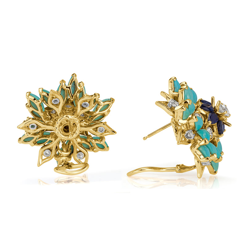 5.14ct Diamond, Turquoise and Sapphire Floral Estate Earrings