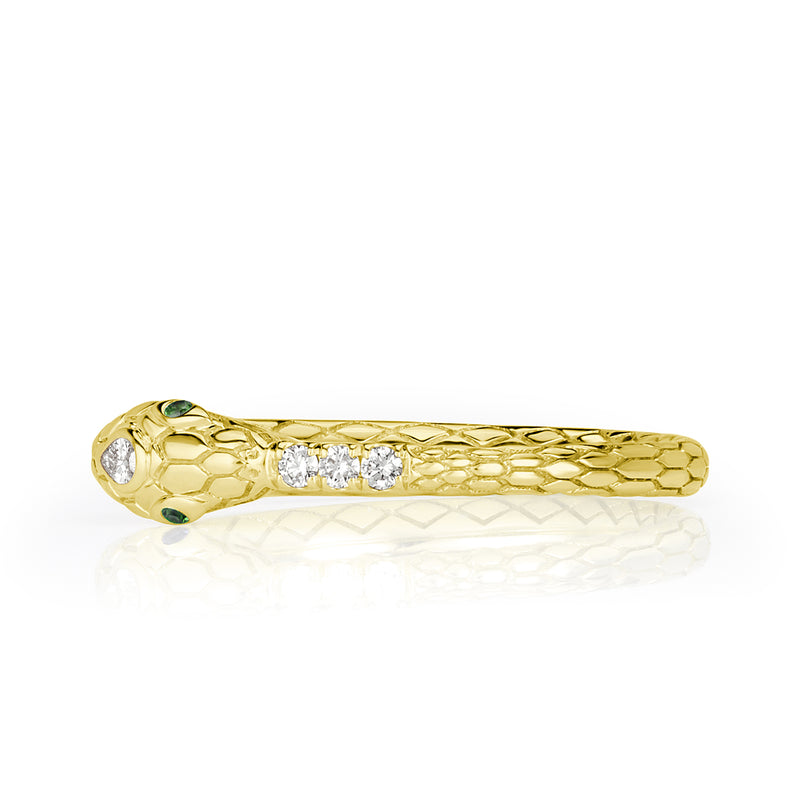 0.07ct Diamond and Tsavorite Ouroboros Snake Ring in 14k Yellow Gold