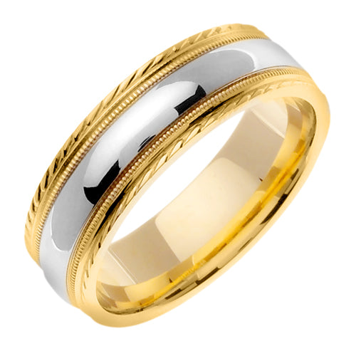 Men's Two-Tone Engraved Wedding Band in 14k Yellow and White Gold 7.0mm