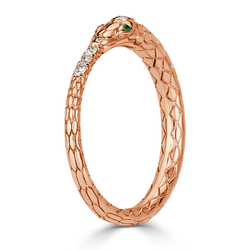 0.07ct Diamond and Tsavorite Ouroboros Snake Ring in 14k Rose Gold