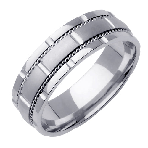 Men's Handcrafted Brick Detail Wedding Band in 14k White Gold 7.0mm