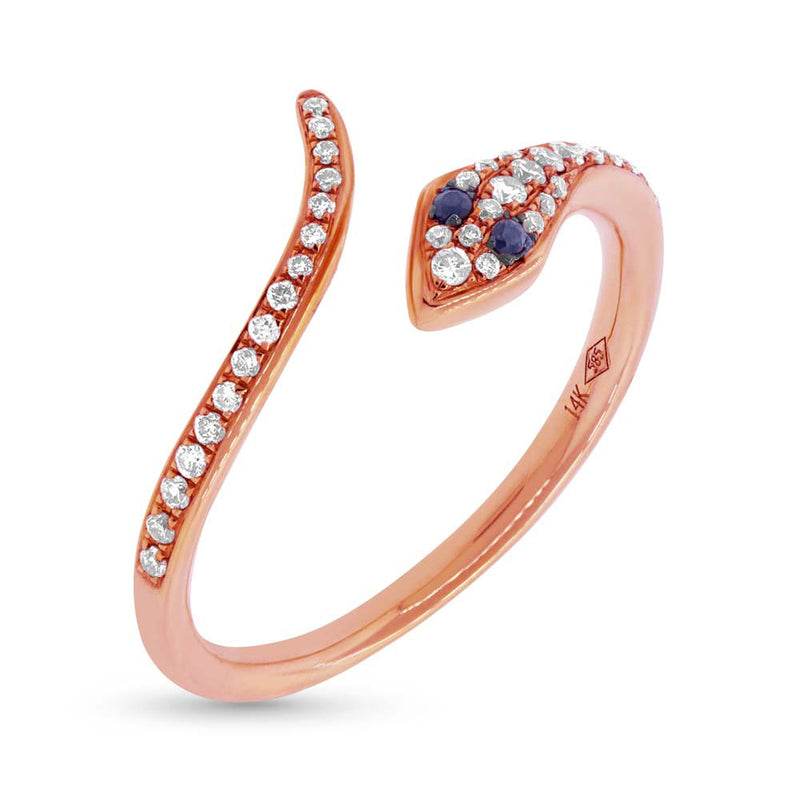 0.22ct Blue Sapphire and White Diamond Snake Ring in 14k Rose Gold