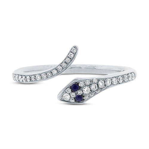 0.22ct Blue Sapphire and White Diamond Snake Ring in 14k White Gold