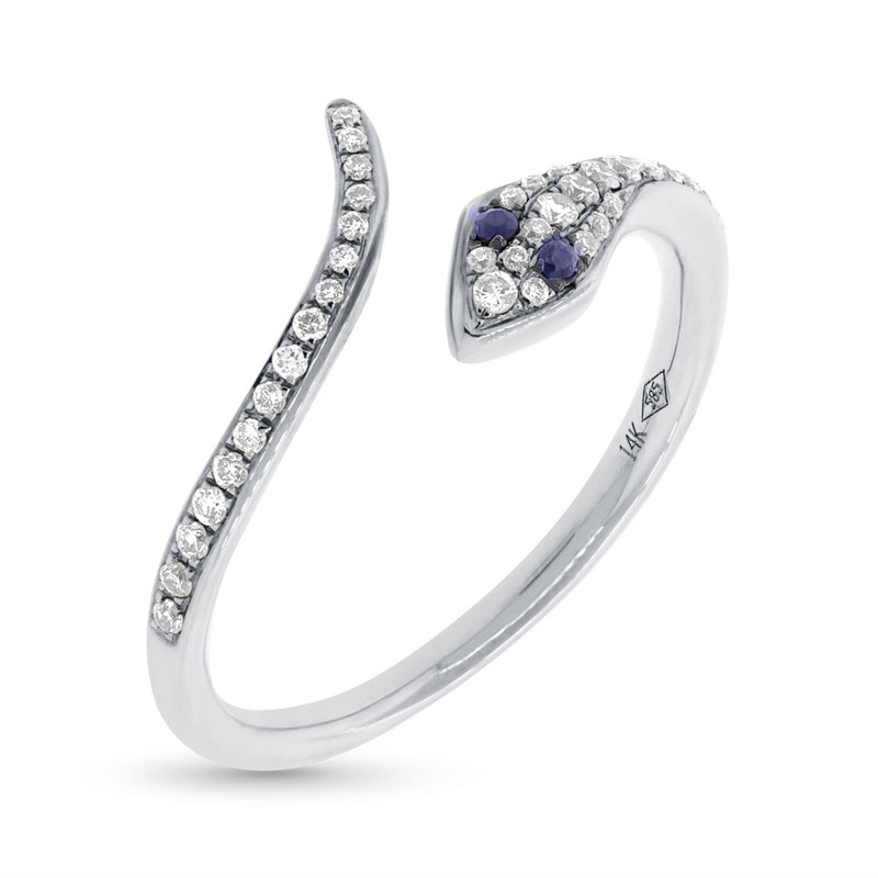 0.22ct Blue Sapphire and White Diamond Snake Ring in 14k White Gold