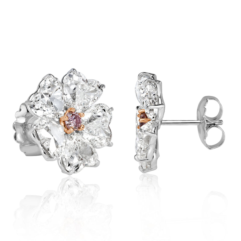 10.64ct Heart Shaped Diamond Floral Stud Earrings with Pink Diamond Centers