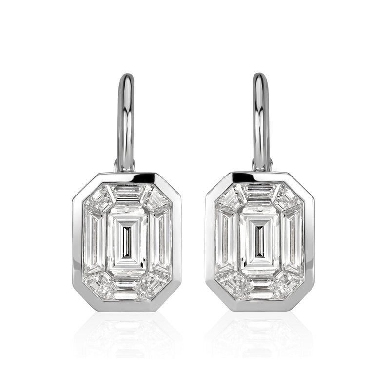 1.70ct Emerald and Trapezoid Cut Mosaic Diamond Earrings in 14k White Gold