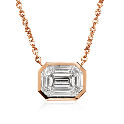 0.90ct Emerald and Trapezoid Cut Mosaic Diamond Pendant in 14k Rose Gold