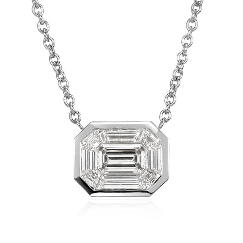 0.90ct Emerald and Trapezoid Cut Mosaic Diamond Pendant in 14k White Gold