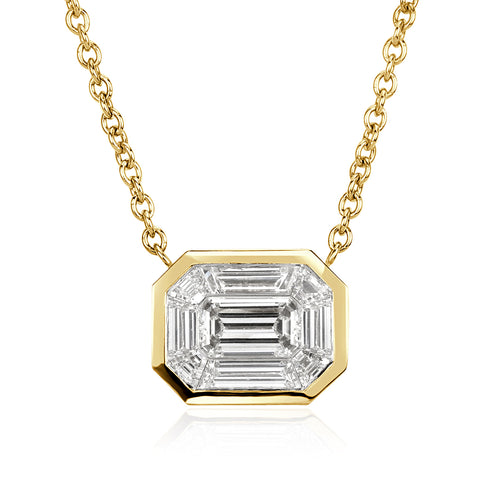 0.90ct Emerald and Trapezoid Cut Mosaic Diamond Pendant in 14k Yellow Gold