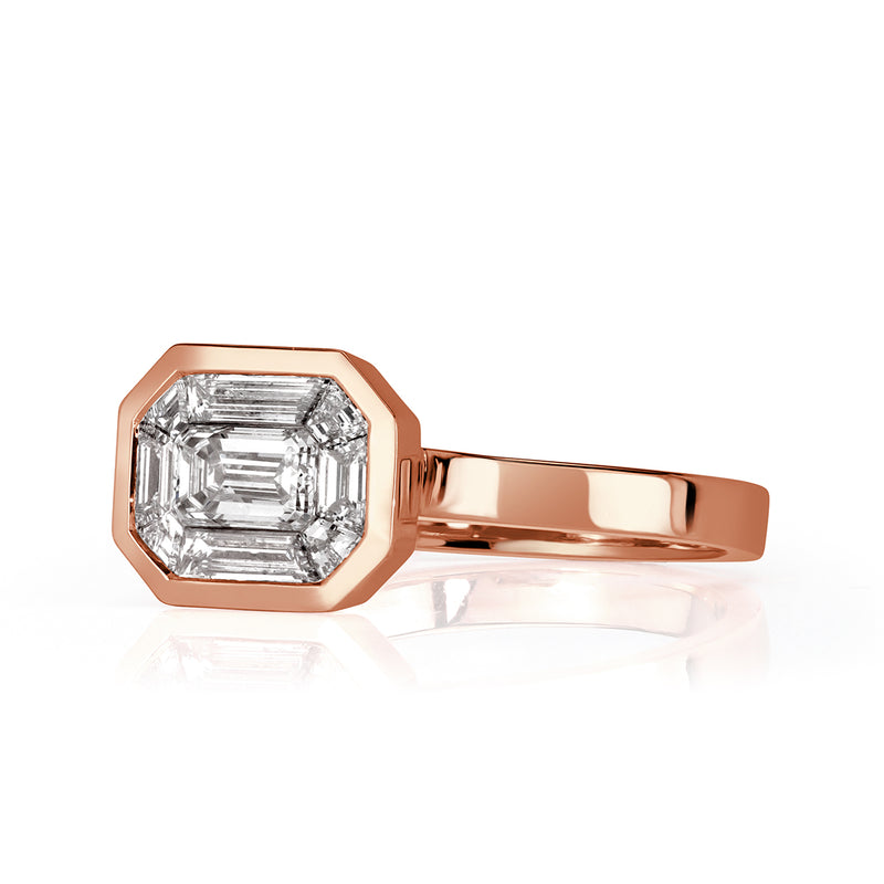 0.95ct Emerald and Trapezoid Cut Mosaic Diamond Ring in 14k Rose Gold
