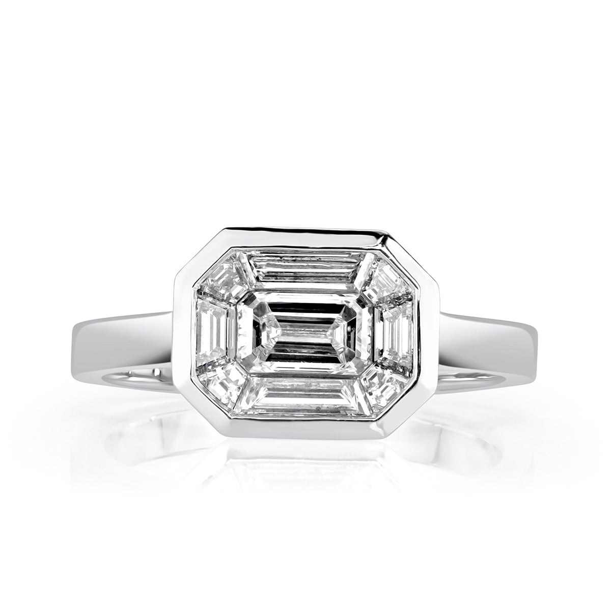 0.95ct Emerald and Trapezoid Cut Mosaic Diamond Ring in 14k White Gold