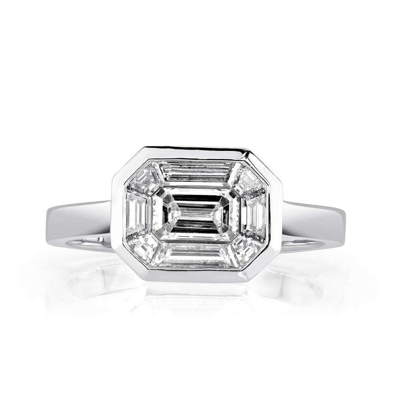 0.95ct Emerald and Trapezoid Cut Mosaic Diamond Ring in 14k White Gold