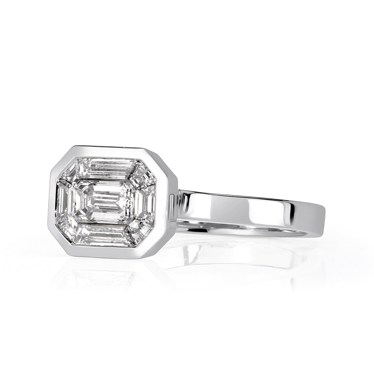 0.95ct Emerald and Trapezoid Cut Mosaic Diamond Ring in 14k White Gold