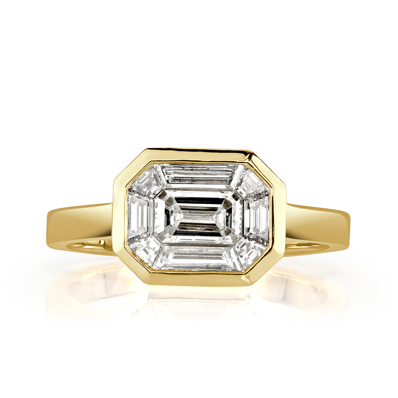 0.95ct Emerald and Trapezoid Cut Mosaic Diamond Ring in 14k Yellow Gold