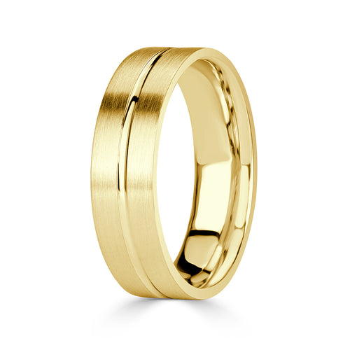 Men's Single Groove Satin Finish Wedding Band in 14k Yellow Gold 6.0mm