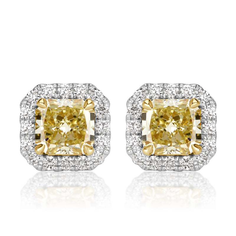 2.70ct Fancy Yellow Radiant Cut Diamond Halo Earrings