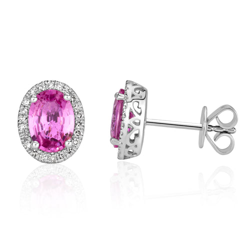 1.93ct Oval Cut Pink Sapphire and Diamond Halo Stud Earrings