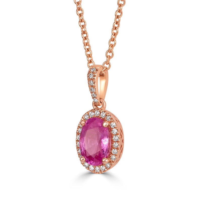 0.93ct Oval Cut Pink Sapphire and Diamond Halo Pendant in 14k Rose Gold