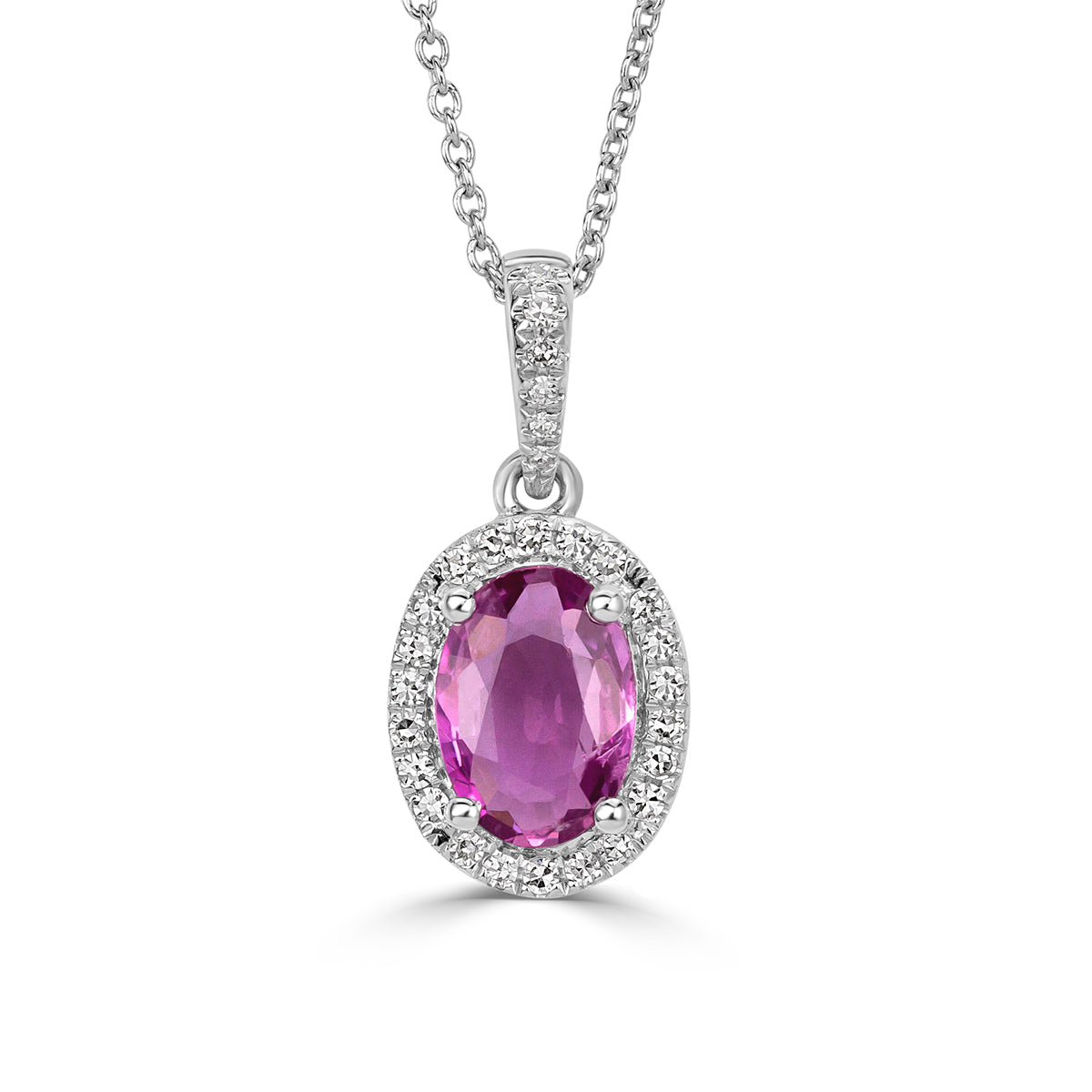 0.93ct Oval Cut Pink Sapphire and Diamond Halo Pendant in 14k White Gold