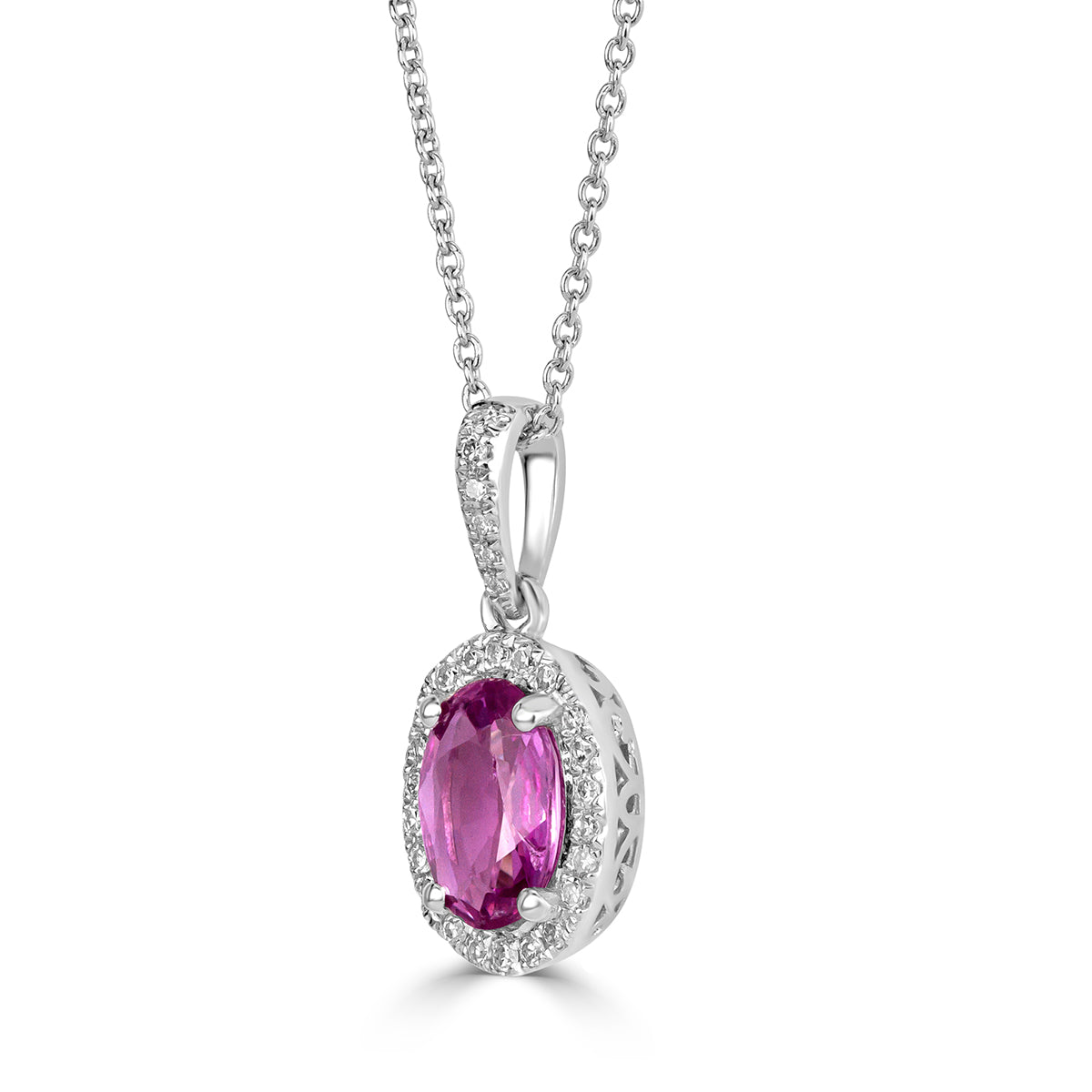 0.93ct Round Brilliant Cut Diamond and Oval Cut Pink Sapphire Halo Pendant in 14K White Gold