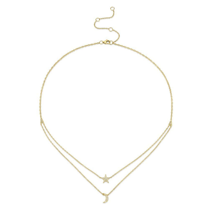 0.09ct Round Cut Diamond Moon and Star Necklace in 14k Yellow Gold