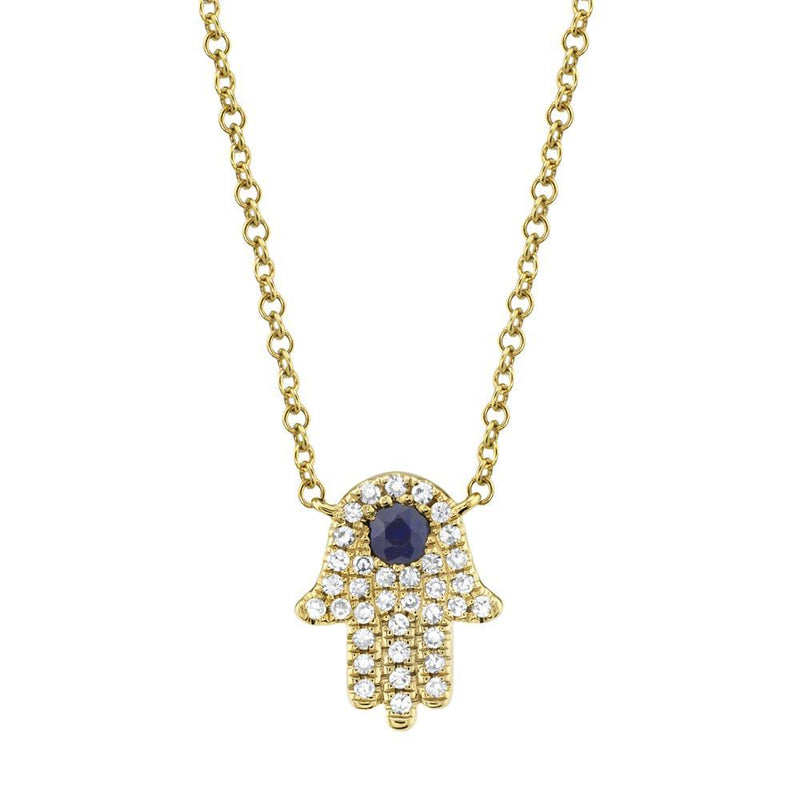0.09ct Diamond & 0.08ct Blue Sapphire Hamsa Necklace in 14k Yellow Gold