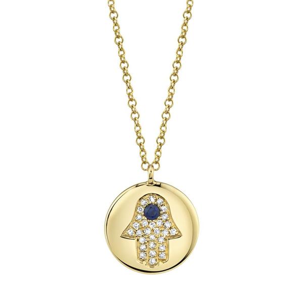 0.08ct Diamond & 0.04ct Blue Sapphire Hamsa Necklace in 14k Yellow Gold