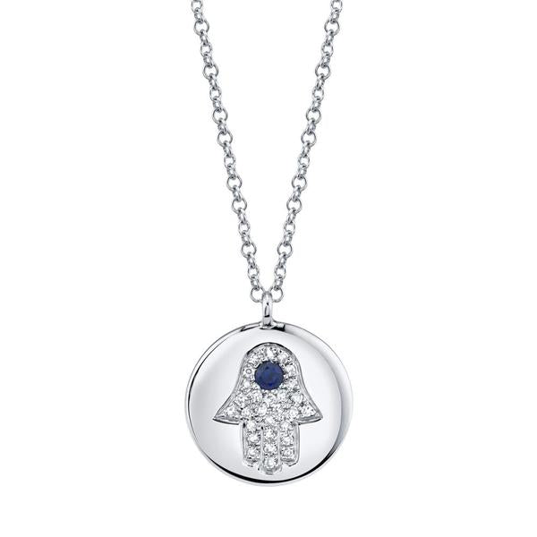 0.08ct Diamond & 0.04ct Blue Sapphire Hamsa Necklace in 14k White Gold
