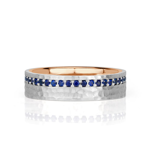 0.85ct Blue Sapphire Hammered Finish Wedding Band in Platinum and 18k Rose Gold in 6.0mm