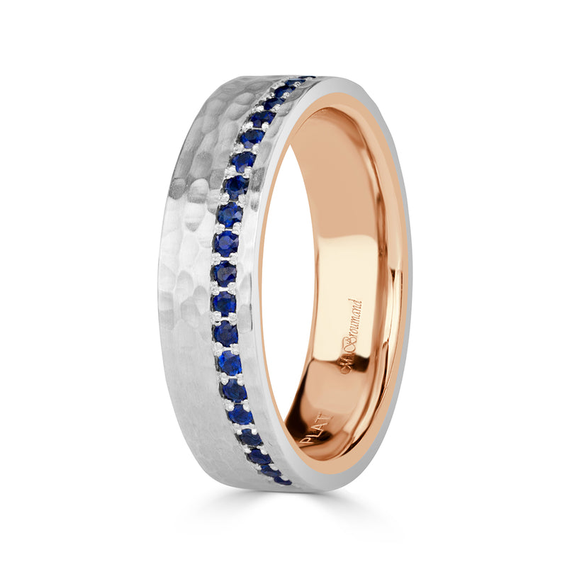 0.85ct Blue Sapphire Hammered Finish Wedding Band in Platinum and 18k Rose Gold in 6.0mm