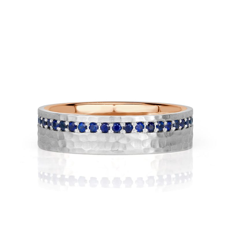 0.85ct Blue Sapphire Hammered Finish Wedding Band in 18k White and Rose Gold in 6.0mm