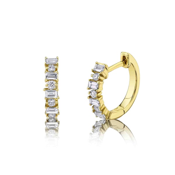 0.42ct Baguette and Round Cut Diamond Huggie Earrings in 14k Yellow Gold
