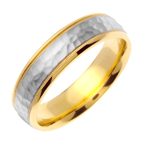 Men's Two-Tone Hammered Finish Wedding Band in 18k Yellow and White Gold 6.0mm