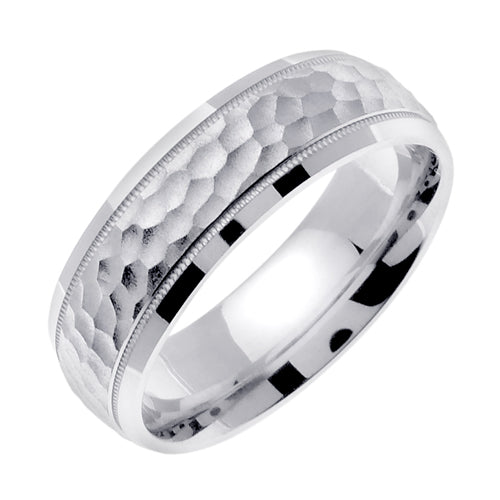 Men's Handmade Hammered Finish Wedding Band in 18k White Gold 7.0mm